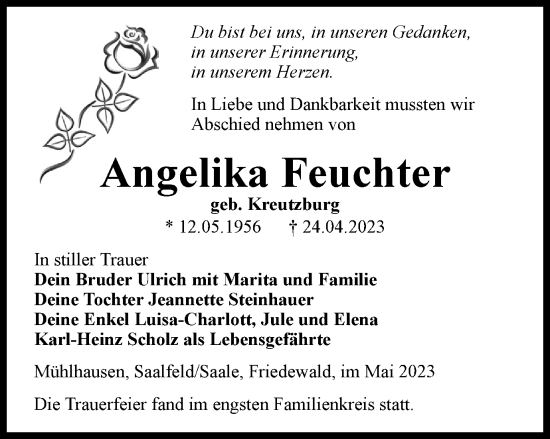 Traueranzeige von Angelika Feuchter von Thüringer Allgemeine, Thüringische Landeszeitung