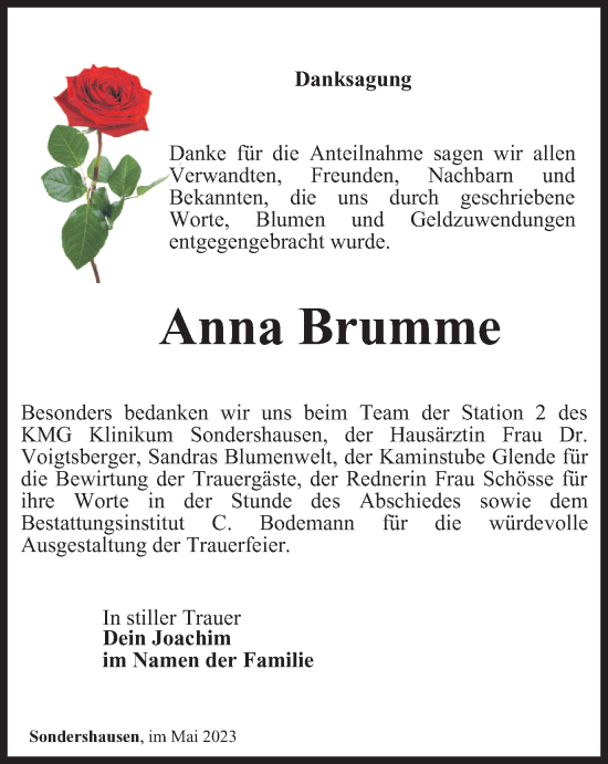 Traueranzeige von Anna Brumme