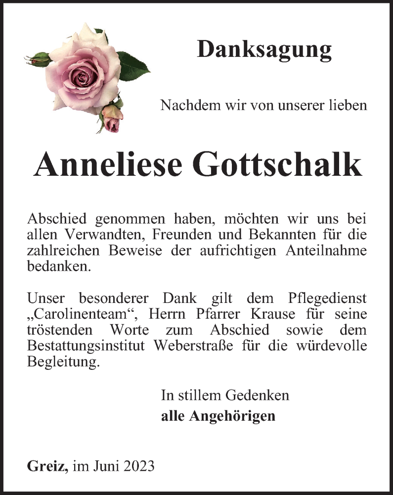  Traueranzeige für Anneliese Gottschalk vom 23.06.2023 aus Ostthüringer Zeitung
