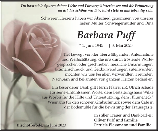 Traueranzeige von Barbara Puff von Thüringer Allgemeine