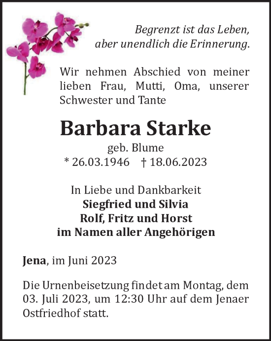 Traueranzeige von Barbara Starke von Ostthüringer Zeitung, Thüringische Landeszeitung