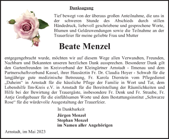 Traueranzeige von Beate Menzel von Thüringer Allgemeine