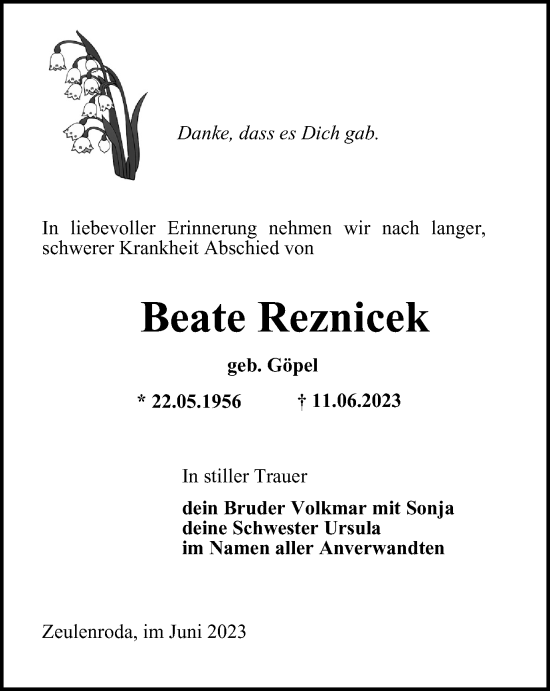 Traueranzeige von Beate Reznicek von Ostthüringer Zeitung