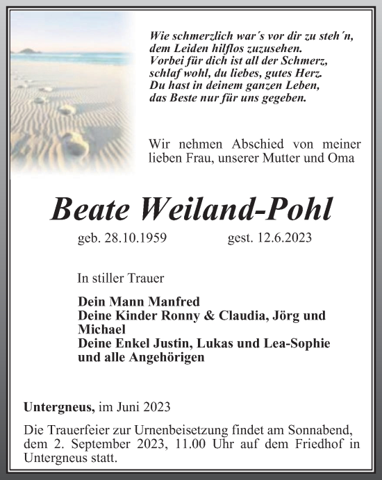 Traueranzeige von Beate Weiland-Pohl von Ostthüringer Zeitung