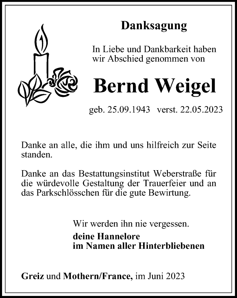 Traueranzeige für Bernd Weigel vom 23.06.2023 aus Ostthüringer Zeitung