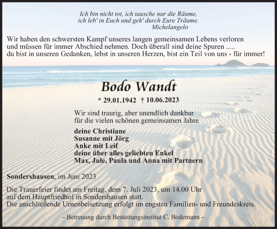 Traueranzeige von Bodo Wandt