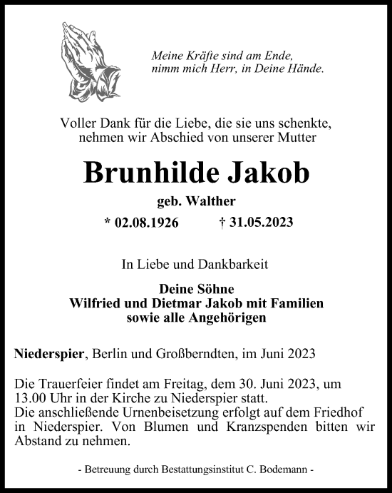 Traueranzeige von Brunhilde Jakob