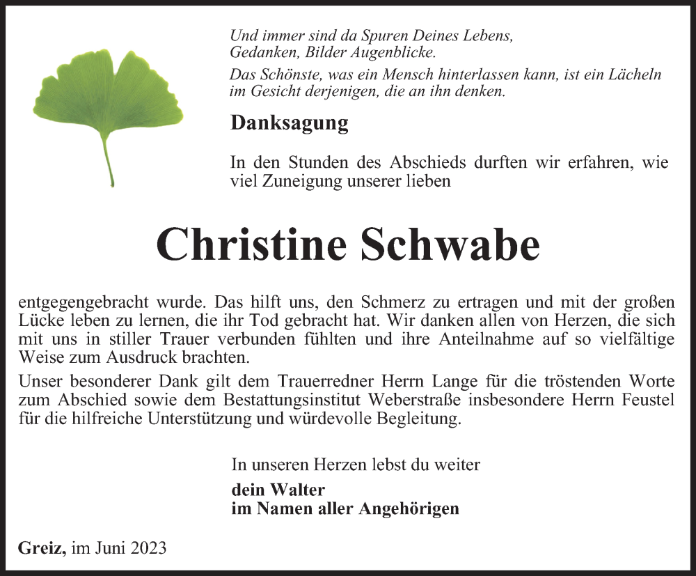  Traueranzeige für Christine Schwabe vom 02.06.2023 aus Ostthüringer Zeitung