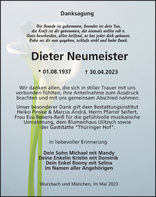 Traueranzeige von Dieter Neumeister von Ostthüringer Zeitung