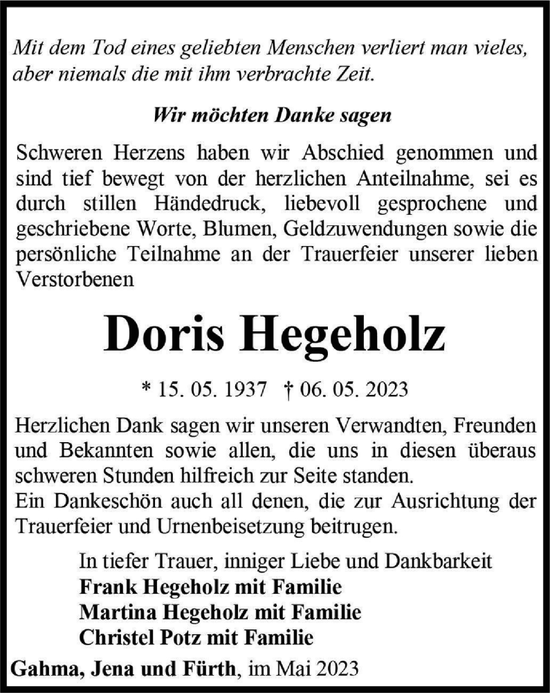  Traueranzeige für Doris Hegeholz vom 03.06.2023 aus Ostthüringer Zeitung