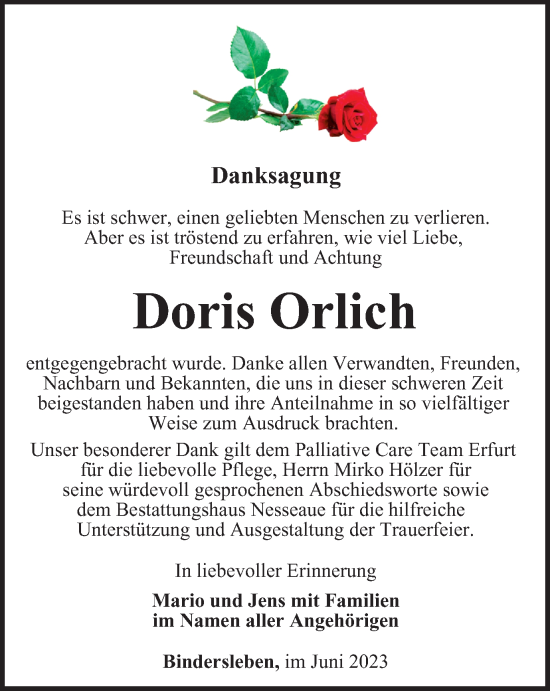Traueranzeige von Doris Orlich von Thüringer Allgemeine, Thüringische Landeszeitung