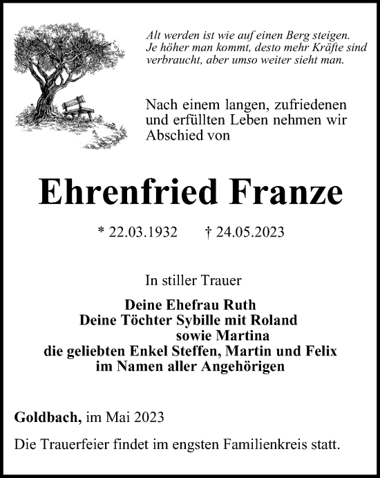 Traueranzeige von Ehrenfried Franze von Thüringer Allgemeine, Thüringische Landeszeitung