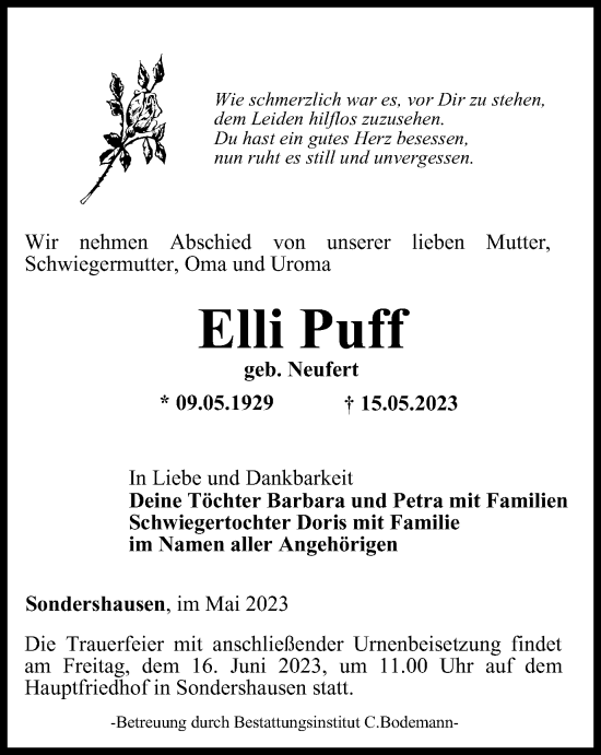 Traueranzeige von Elli Puff