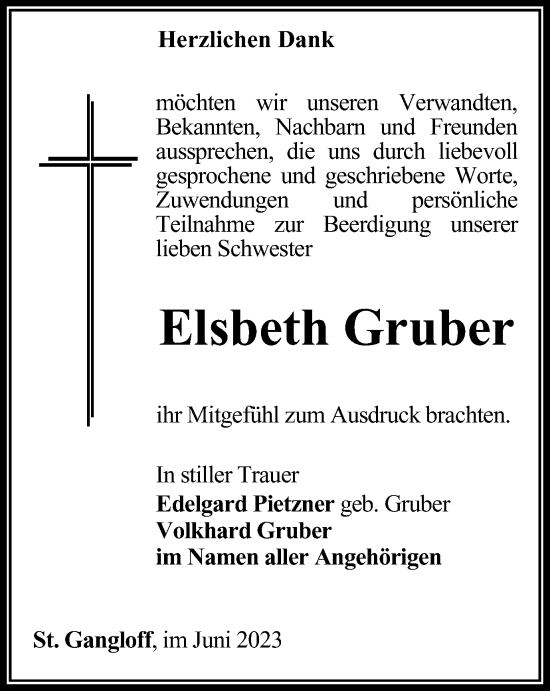 Traueranzeige von Elsbeth Gruber von Ostthüringer Zeitung