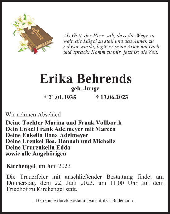 Traueranzeige von Erika Behrends