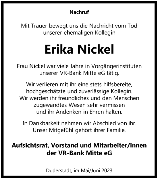 Traueranzeige von Erika Nickel von Thüringer Allgemeine