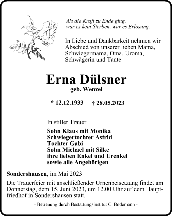 Traueranzeige von Erna Dülsner