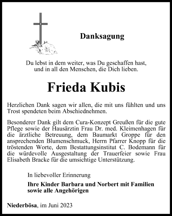 Traueranzeige von Frieda Kubis