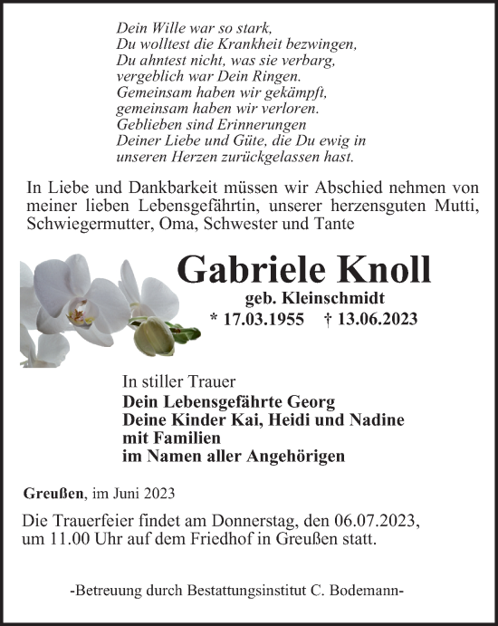 Traueranzeige von Gabriele Knoll