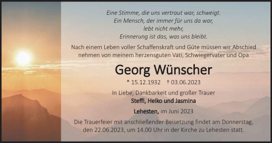 Traueranzeige von Georg Wünscher von Ostthüringer Zeitung, Thüringische Landeszeitung