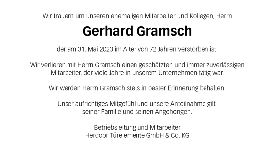 Traueranzeige von Gerhard Gramsch