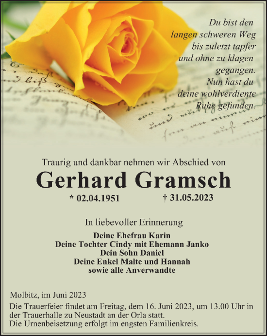 Traueranzeige von Gerhard Gramsch