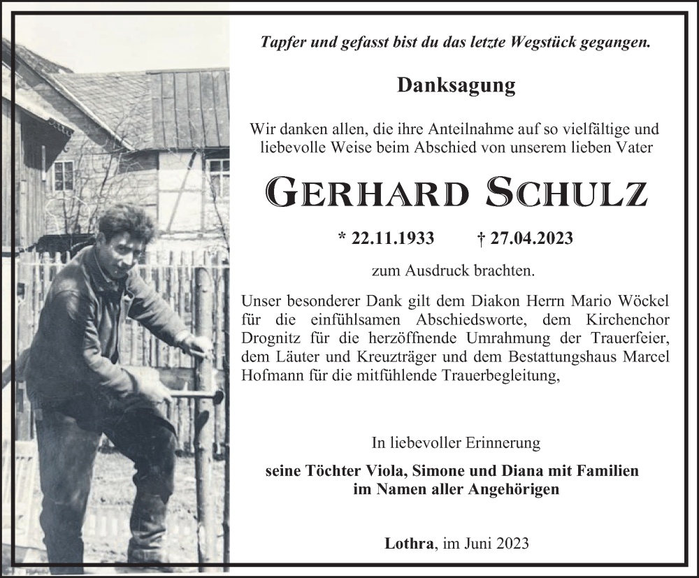  Traueranzeige für Gerhard Schulz vom 10.06.2023 aus Ostthüringer Zeitung
