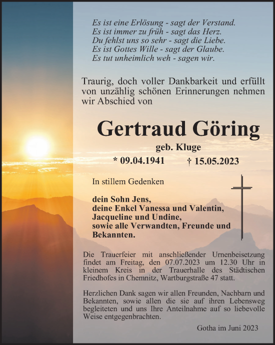 Traueranzeige von Gertraud Göring von Thüringer Allgemeine, Thüringische Landeszeitung