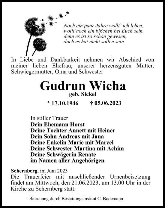 Traueranzeige von Gudrun Wicha