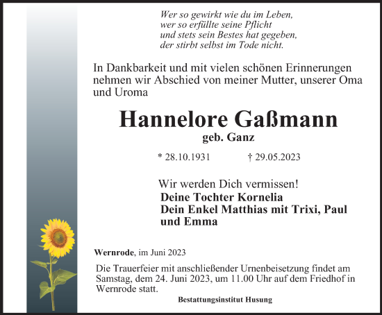 Traueranzeige von Hannelore Gaßmann von Thüringer Allgemeine