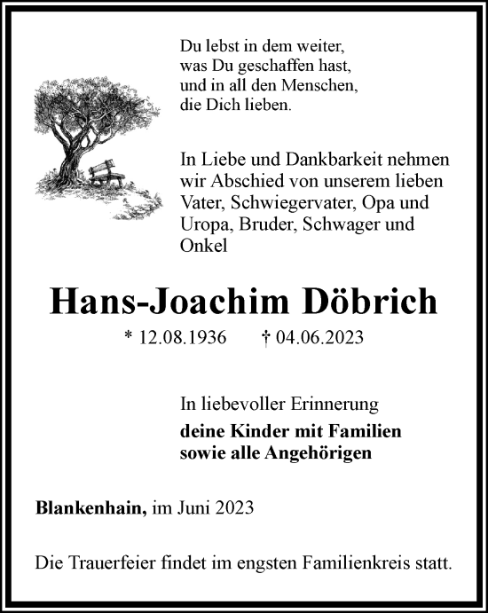 Traueranzeige von Hans-Joachim Döbrich