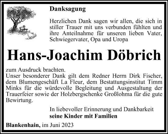 Traueranzeige von Hans-Joachim Döbrich