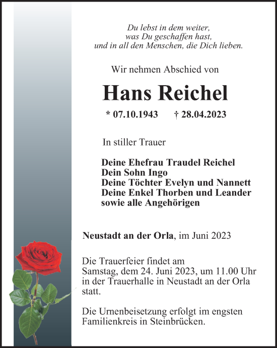 Traueranzeige von Hans Reichel von Ostthüringer Zeitung