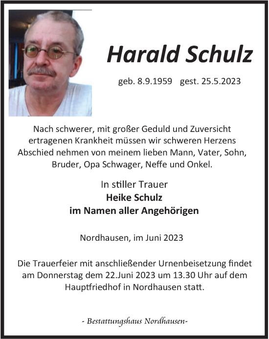 Traueranzeige von Harald Schulz von Thüringer Allgemeine