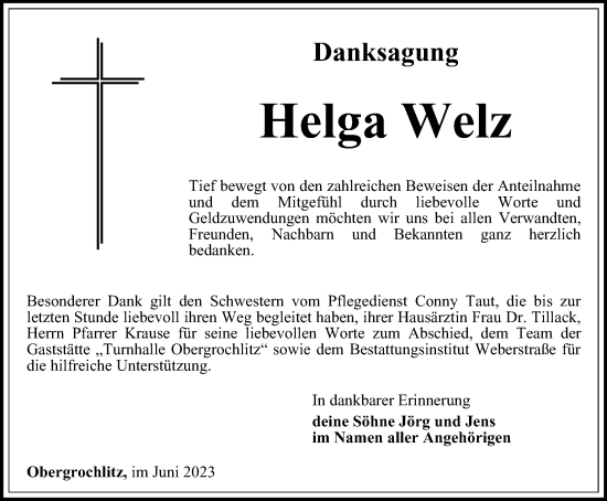 Traueranzeige von Helga Welz von Ostthüringer Zeitung