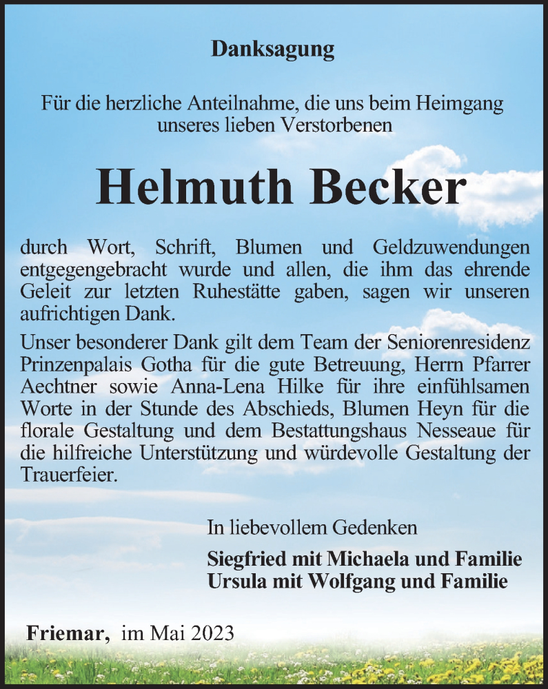  Traueranzeige für Helmuth Becker vom 03.06.2023 aus Thüringer Allgemeine, Thüringische Landeszeitung