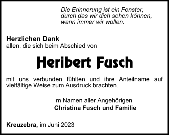 Traueranzeige von Heribert Fusch von Thüringer Allgemeine