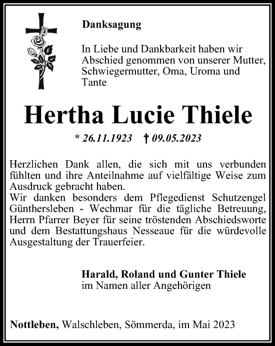 Traueranzeige von Hertha Lucie Thiele von Thüringer Allgemeine, Thüringische Landeszeitung