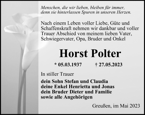 Traueranzeige von Horst Polter von Ostthüringer Zeitung