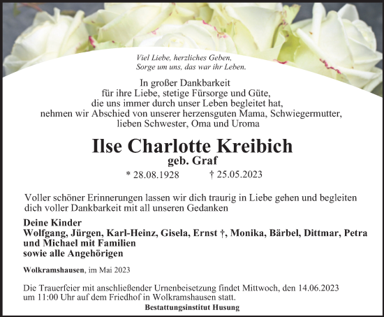 Traueranzeige von Ilse Charlotte Kreibich von Thüringer Allgemeine