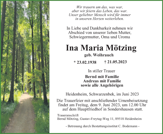 Traueranzeige von Ina Maria Mötzing