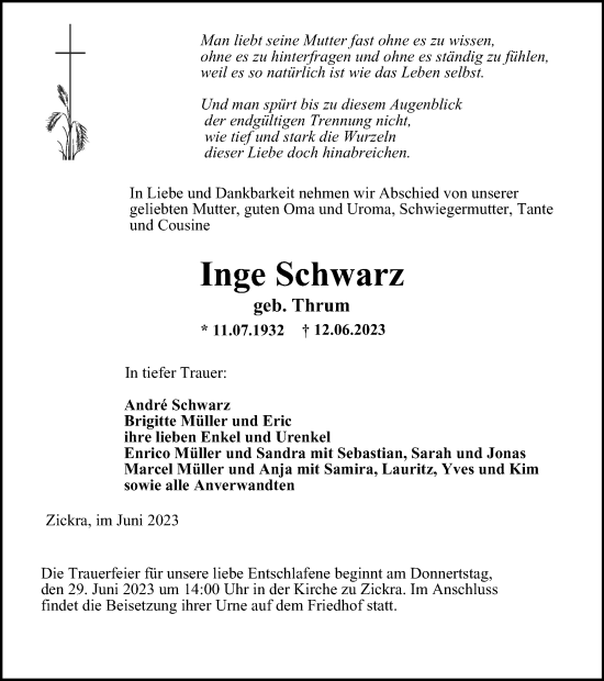 Traueranzeige von Inge Schwarz von Ostthüringer Zeitung