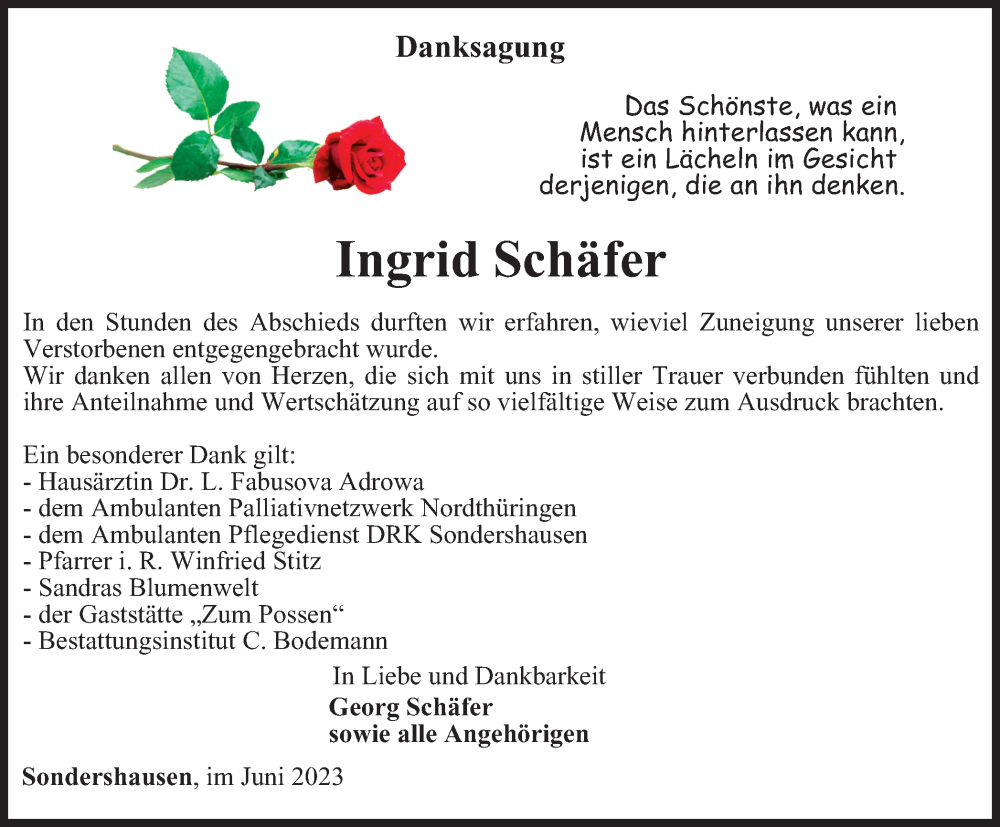  Traueranzeige für Ingrid Schäfer vom 24.06.2023 aus Thüringer Allgemeine