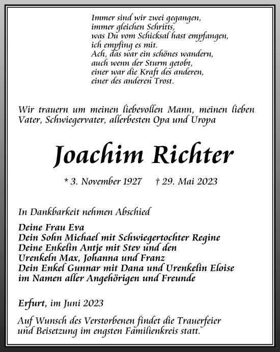 Traueranzeige von Joachim Richter