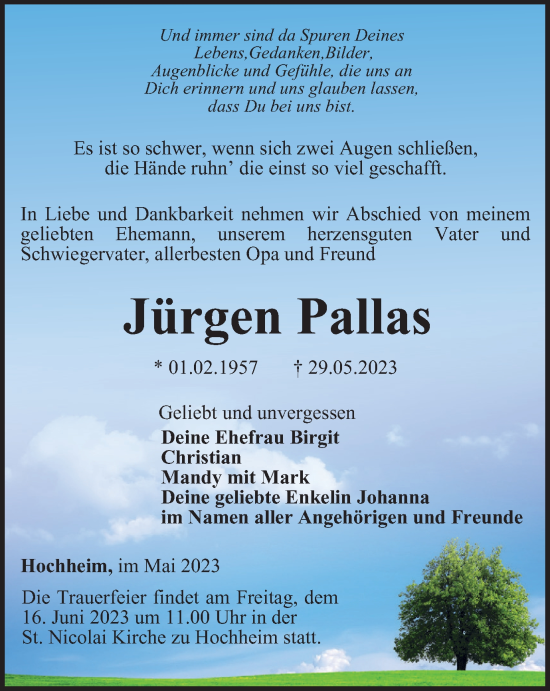 Traueranzeige von Jürgen Pallas von Thüringer Allgemeine, Thüringische Landeszeitung