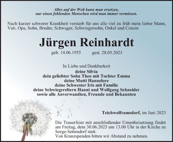 Traueranzeige von Jürgen Reinhardt von Ostthüringer Zeitung