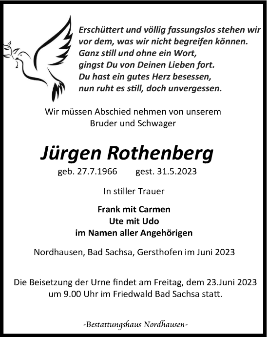 Traueranzeige von Jürgen Rothenberg von Thüringer Allgemeine