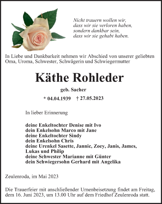 Traueranzeige von Käthe Rohleder von Ostthüringer Zeitung