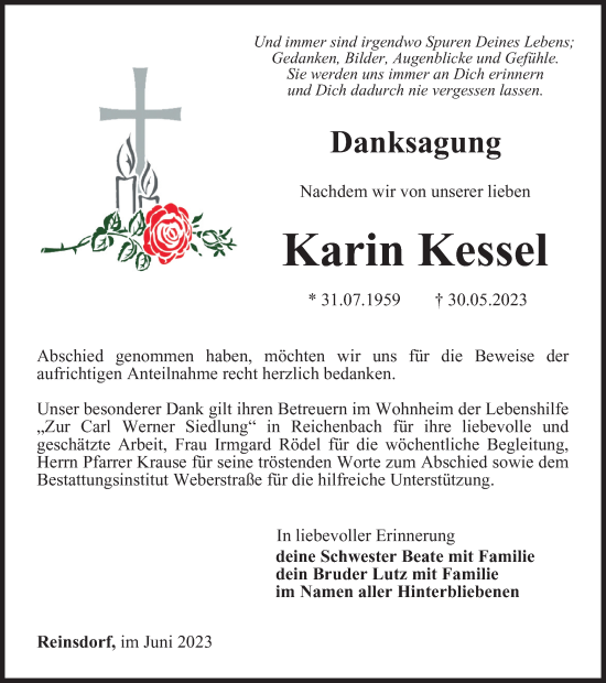 Traueranzeige von Karin Kessel von Ostthüringer Zeitung