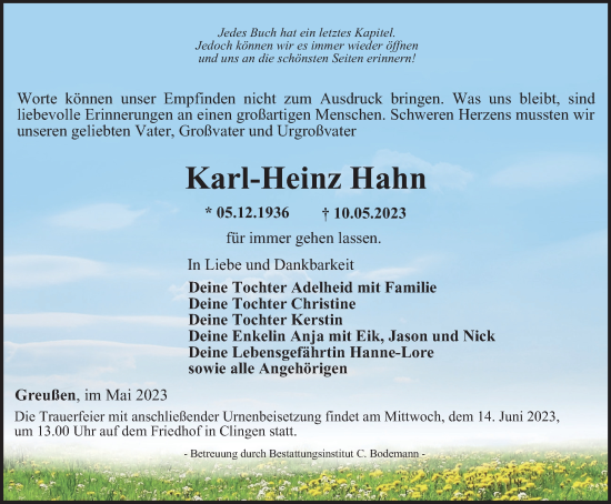 Traueranzeige von Karl-Heinz Hahn